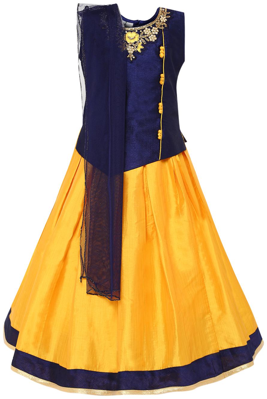 

Aarika Girl s Silk Self design Sleeveless Lehenga choli - Blue Yellow