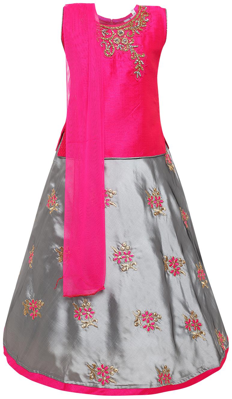 

Aarika Girl s Silk Self design Sleeveless Lehenga choli - Pink Grey