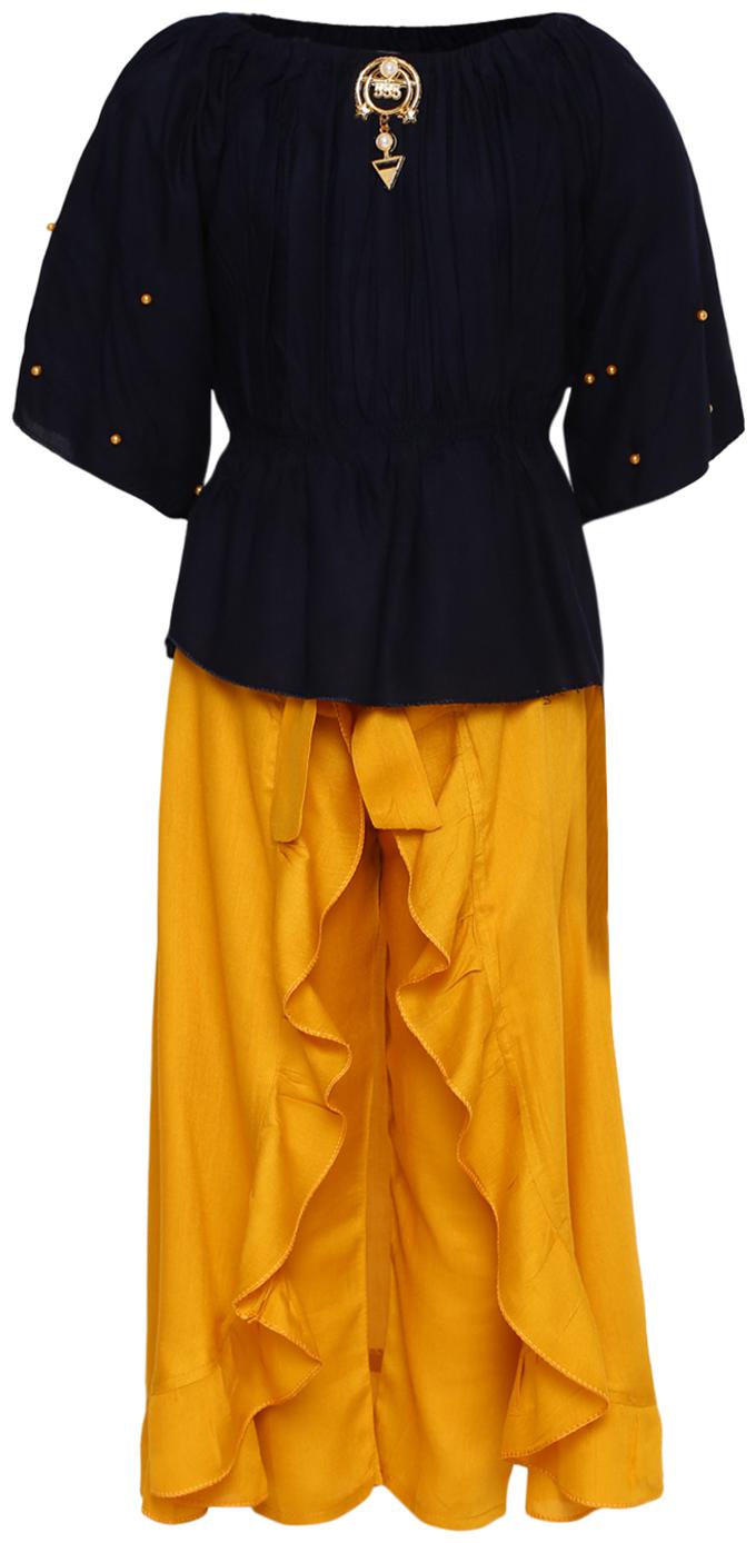 

Aarika Girl s Cotton Solid 3 4th sleeves Kurti salwar set - Yellow Blue