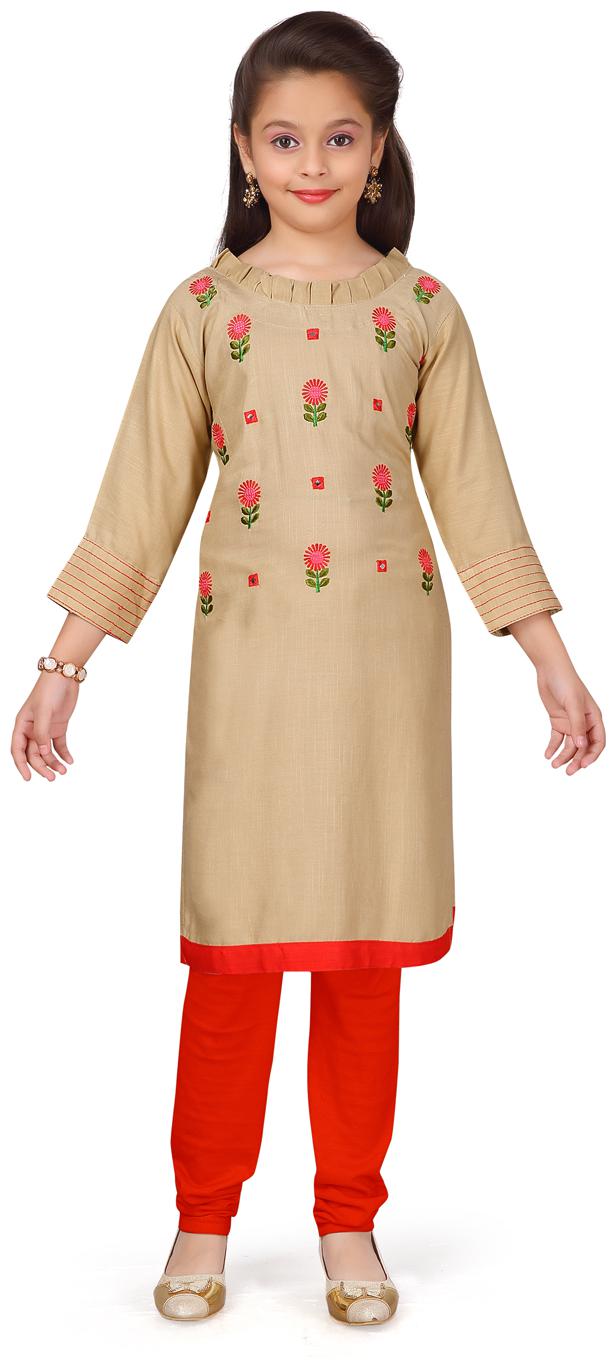 

Aarika Girl s Cotton Self design 3 4th sleeves Kurta kurti - Beige