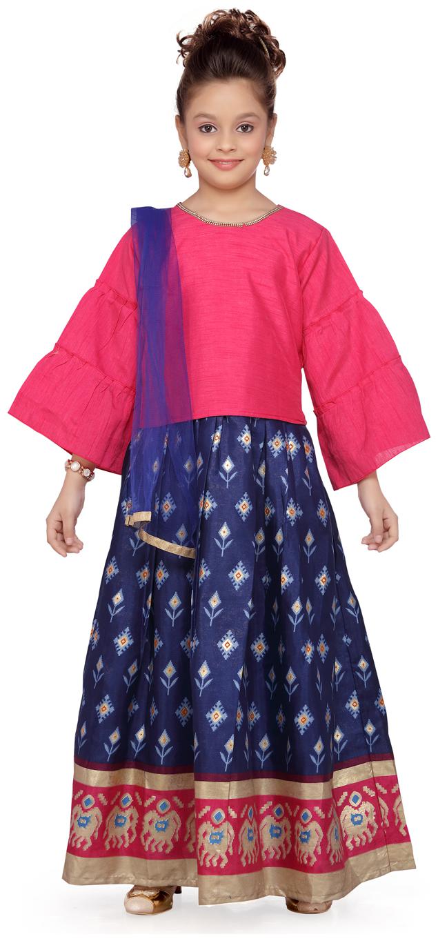 

Aarika Girl s Silk Solid 3 4th sleeves Lehenga choli - Pink