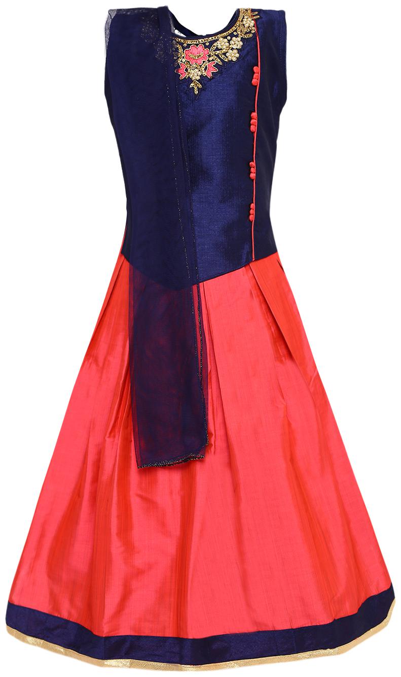 

Aarika Girl s Silk Self design Sleeveless Lehenga choli - Blue Pink