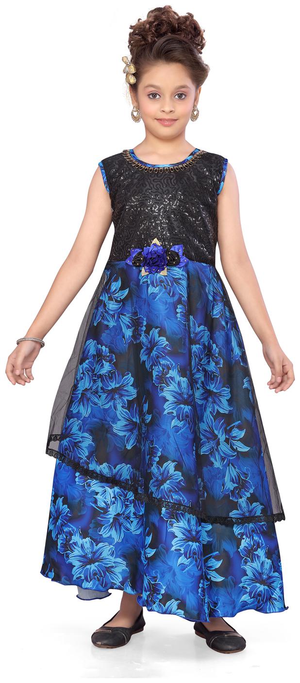 

Aarika Girl s Silk Floral Sleeveless Gown - Blue