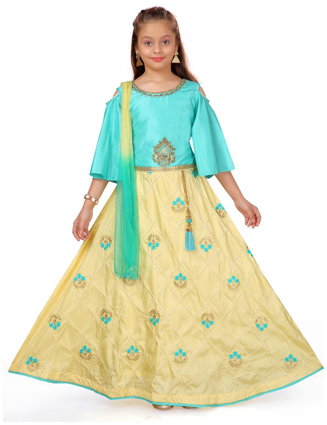 

Aarika Girl s Silk Self design 3 4th sleeves Lehenga choli - Green