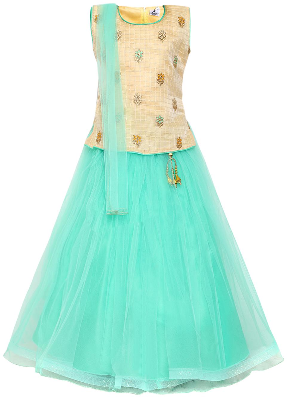 

Aarika Girl s Tissue Self design Sleeveless Lehenga choli - Green