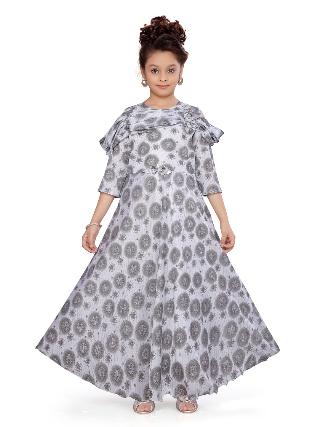 

Aarika Girl s Polyester Self design 3 4th sleeves Gown - Grey