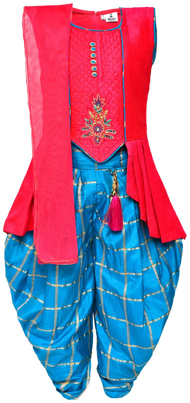 

Aarika Girl s Art silk Solid Sleeveless Kurti salwar set - Pink Blue