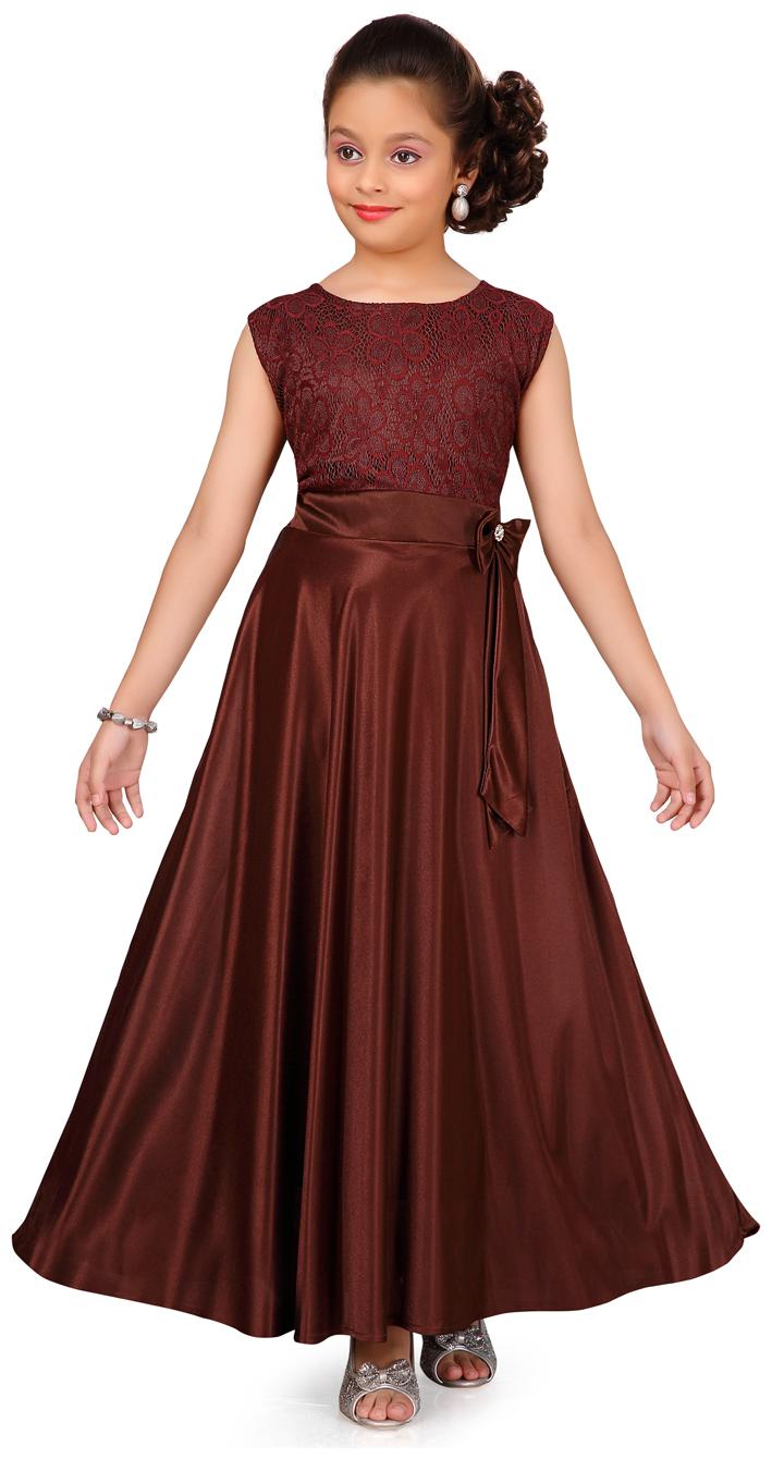 

Aarika Girl s Silk Self design Sleeveless Gown - Brown
