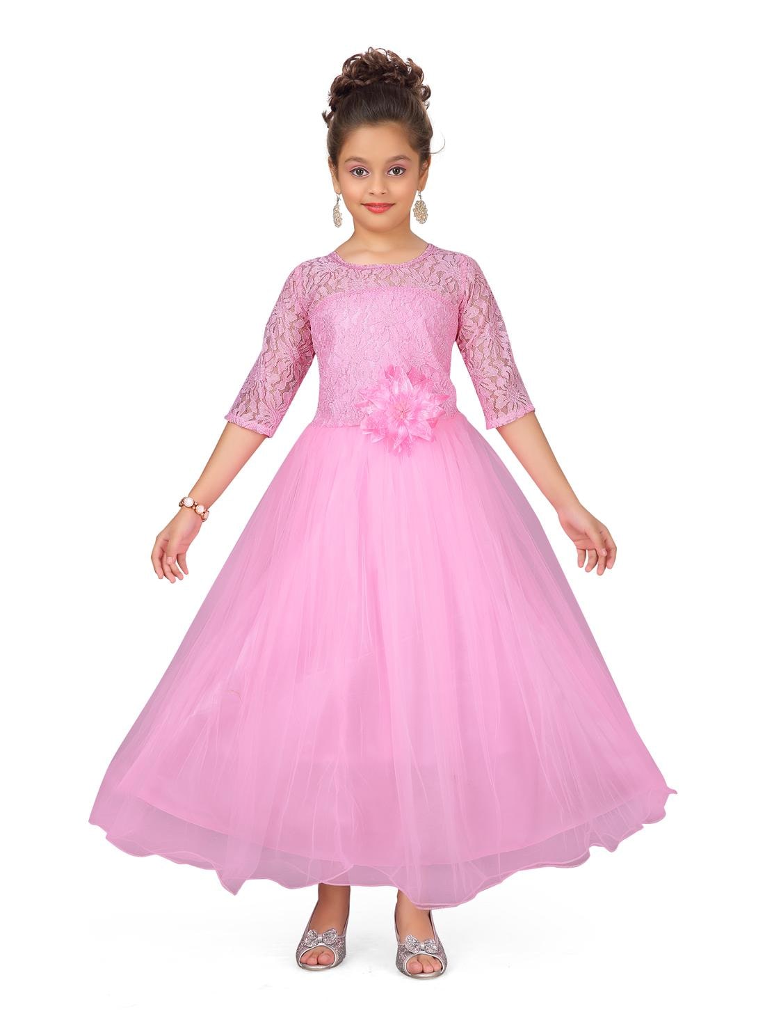 

Aarika Girl s Polyester Self design 3 4th sleeves Gown - Pink