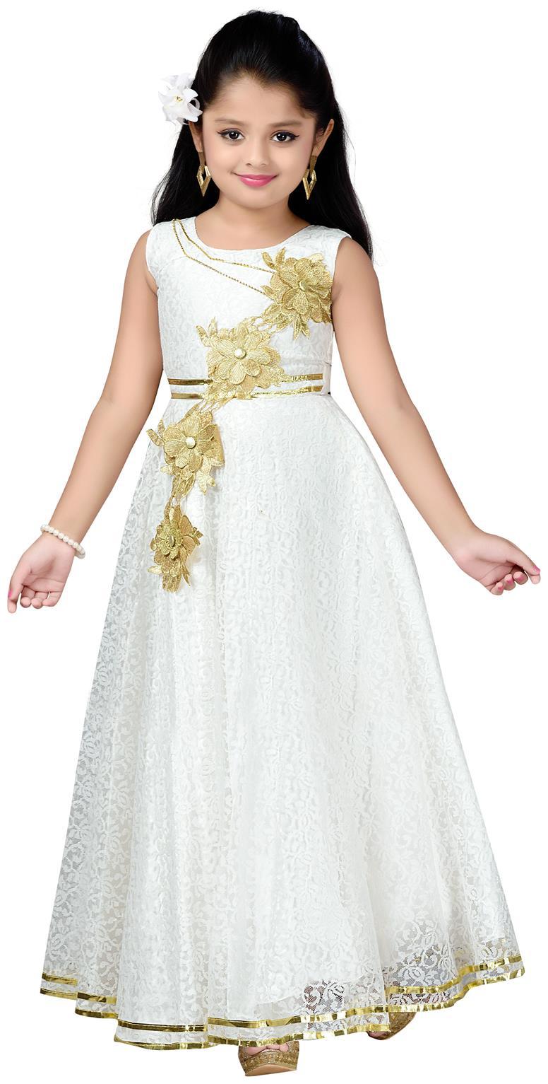 

Aarika Girl s Satin Embellished Sleeveless Gown - White