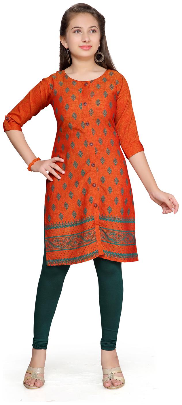 

Aarika Girl s Cotton Self design 3 4th sleeves Kurti salwar set - Orange Green