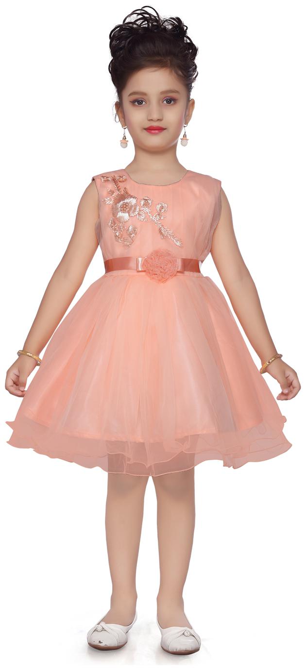 

Aarika Baby girl Net Self design Princess frock - Orange