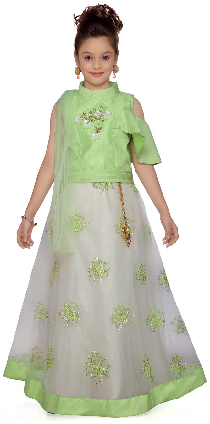 

Aarika Girl s Silk Self design Sleeveless Lehenga choli - Green