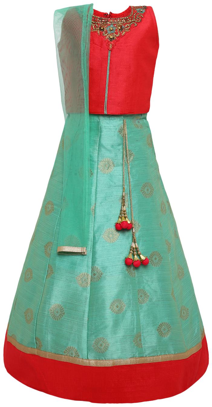 

Aarika Girl s Silk Self design Sleeveless Lehenga choli - Red Green