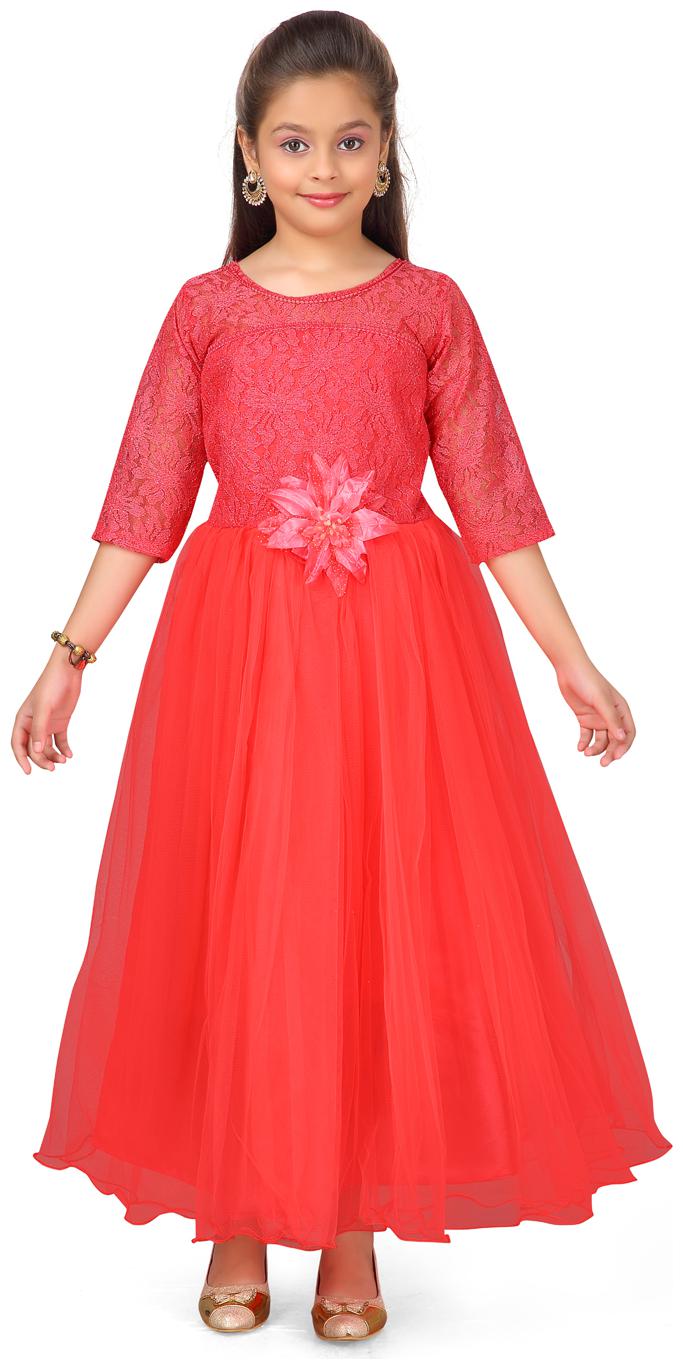 

Aarika Girl s Polyester Self design 3 4th sleeves Gown - Red