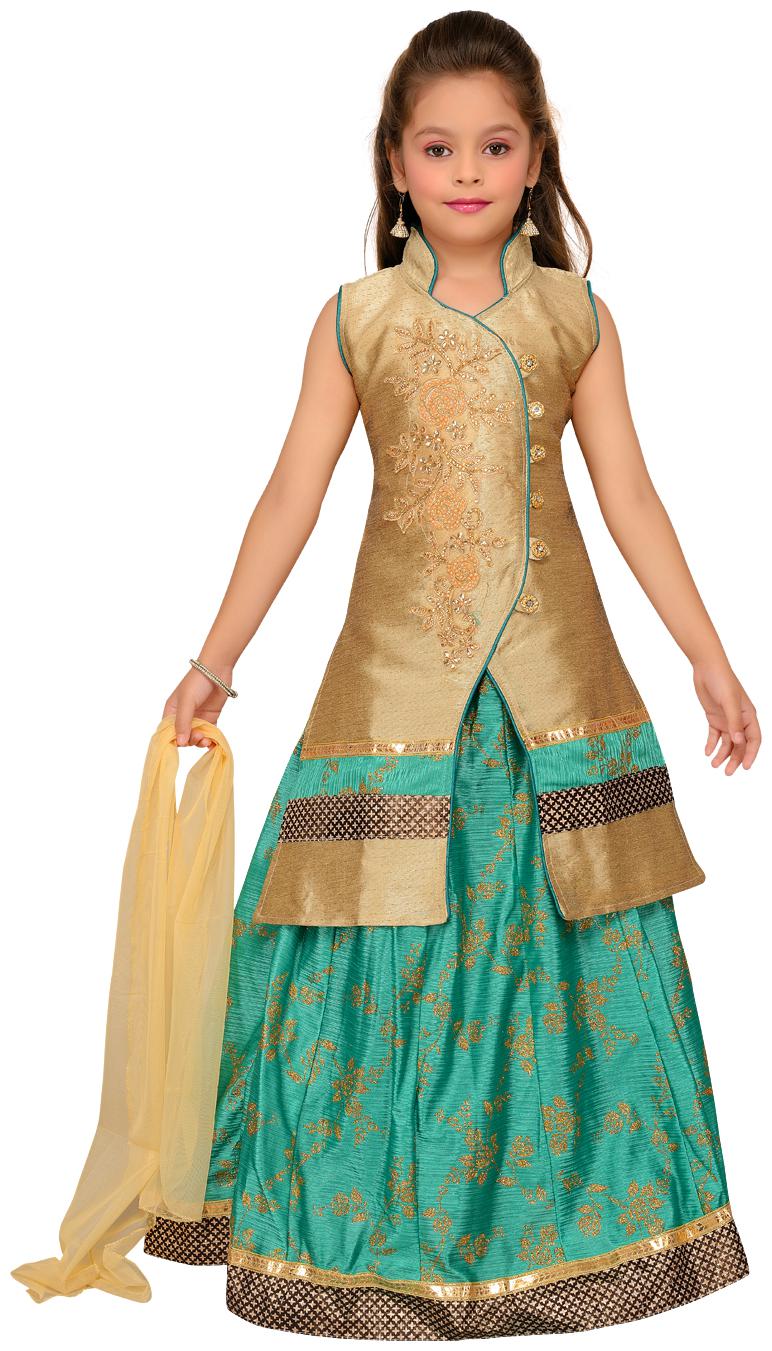 

Aarika Girl s Silk Solid Sleeveless Lehenga choli - Gold