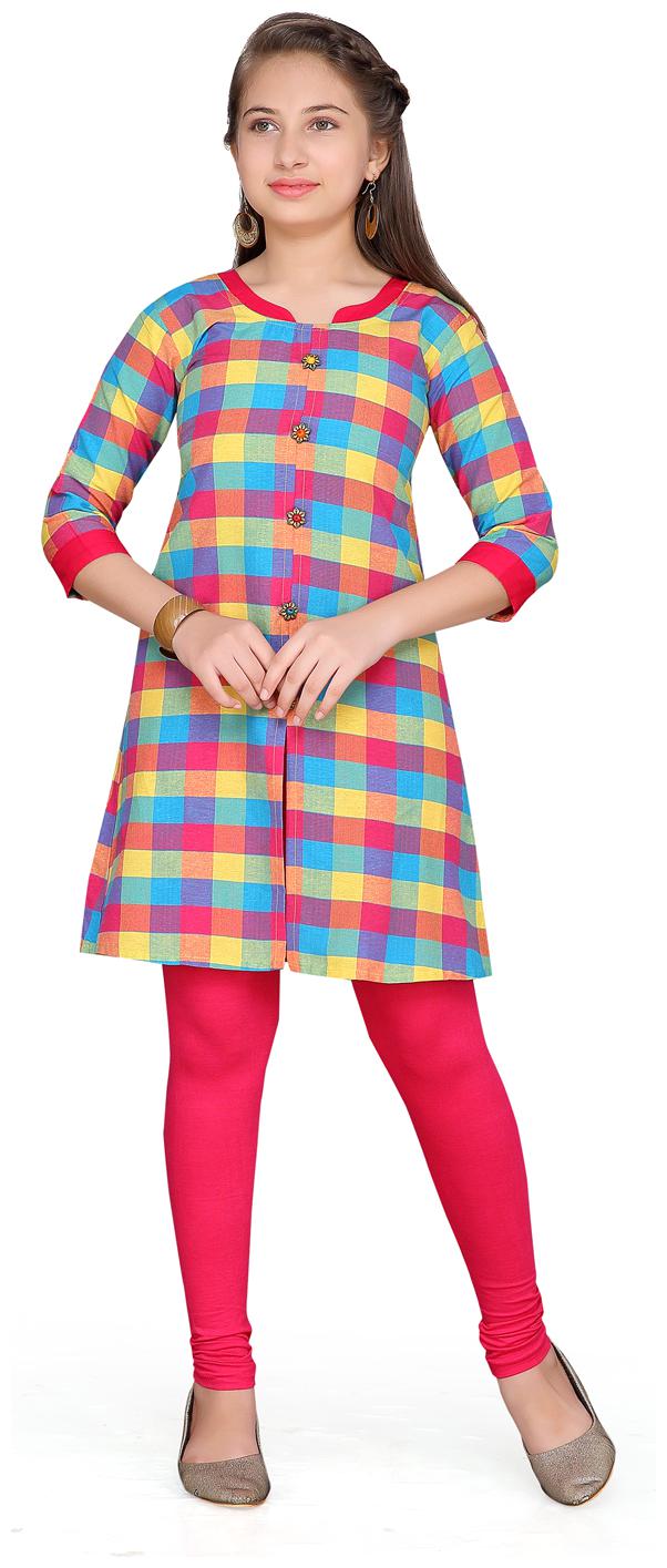 

Aarika Girl s Cotton Checked 3 4th sleeves Kurta kurti - Pink