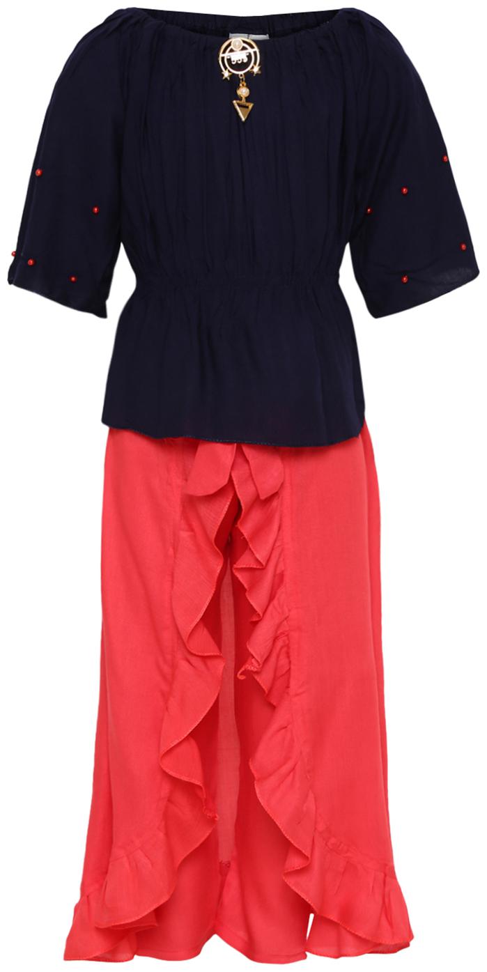 

Aarika Girl s Cotton Solid 3 4th sleeves Kurti salwar set - Pink Blue