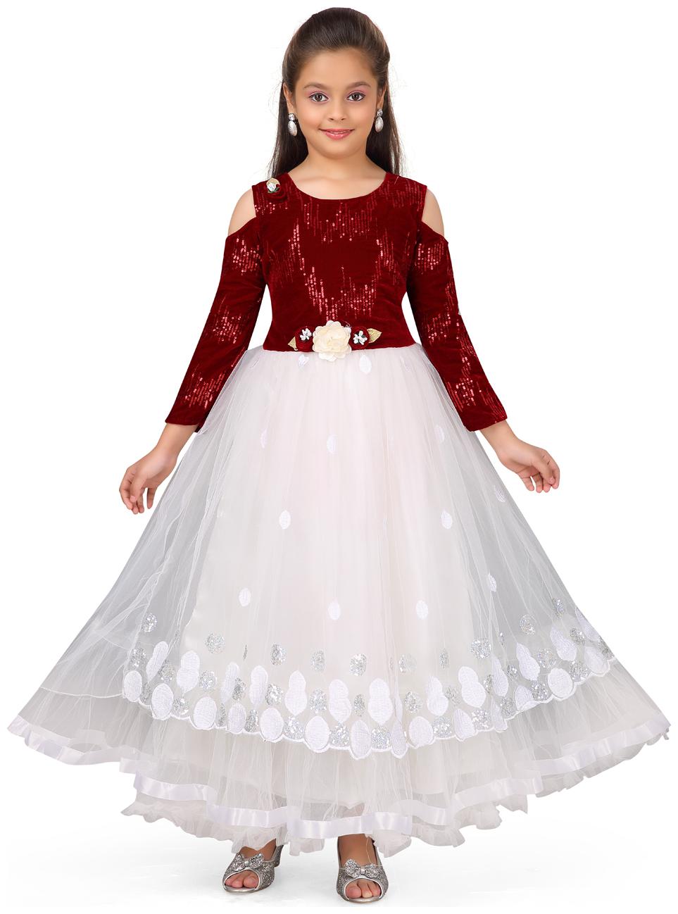 

Aarika Girl s Polyester Self design 3 4th sleeves Gown - Red