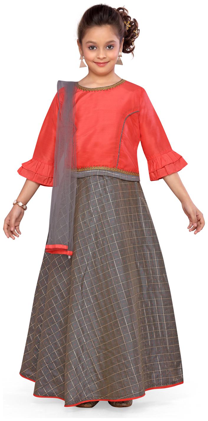 

Aarika Girl s Silk Solid 3 4th sleeves Lehenga choli - Red