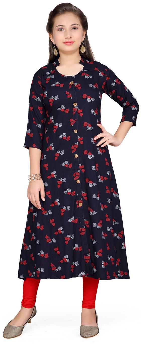 

Aarika Girl s Cotton Floral 3 4th sleeves Kurta kurti - Black