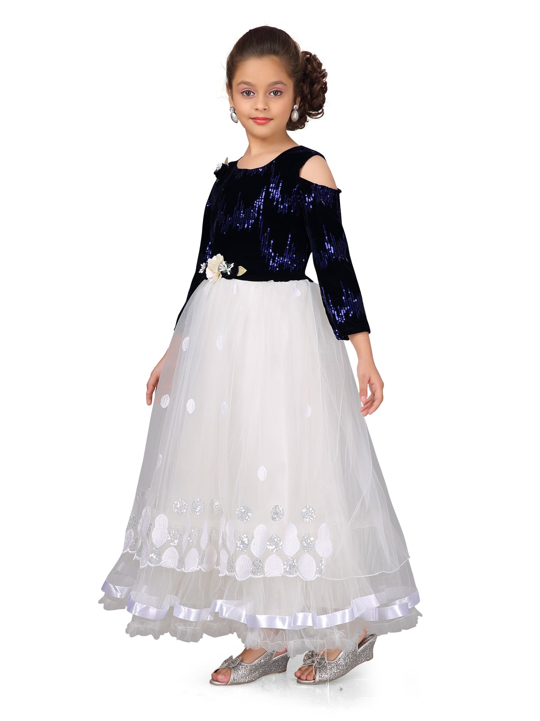 

Aarika Girl s Velvet Embellished 3 4th sleeves Gown - Blue White