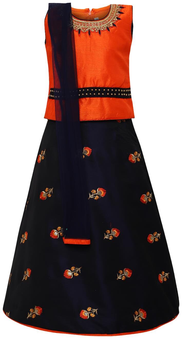 

Aarika Girl s Silk Self design Sleeveless Lehenga choli - Orange Blue