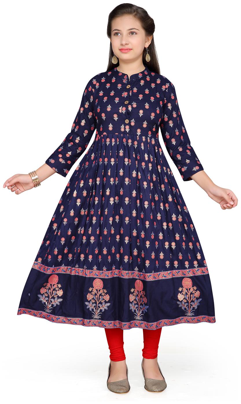 

Aarika Girl s Cotton Floral 3 4th sleeves Kurta kurti - Blue