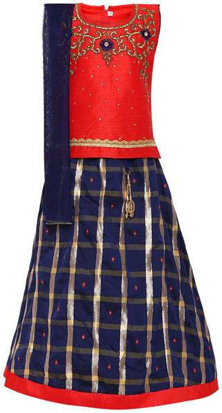 Aarika Girl's Silk Lehenga Choli & Dupatta Set (Red;Blue)
