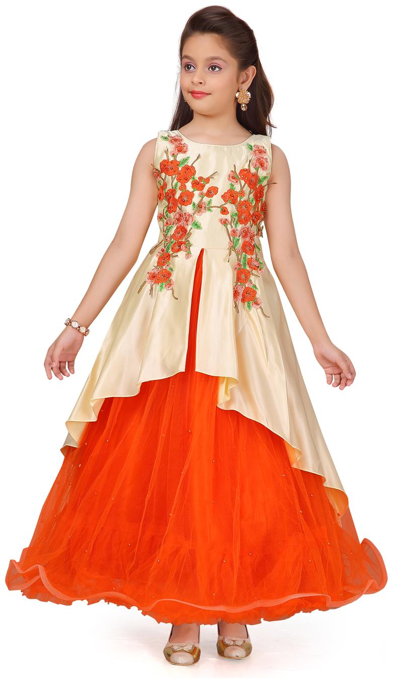 

Aarika Girl s Silk Self design Sleeveless Gown - Orange