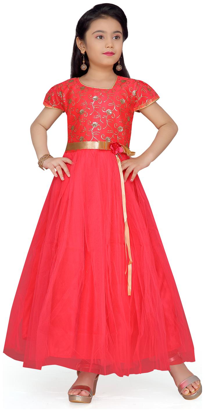 

Aarika Girl s Silk Self design Short sleeves Gown - Red