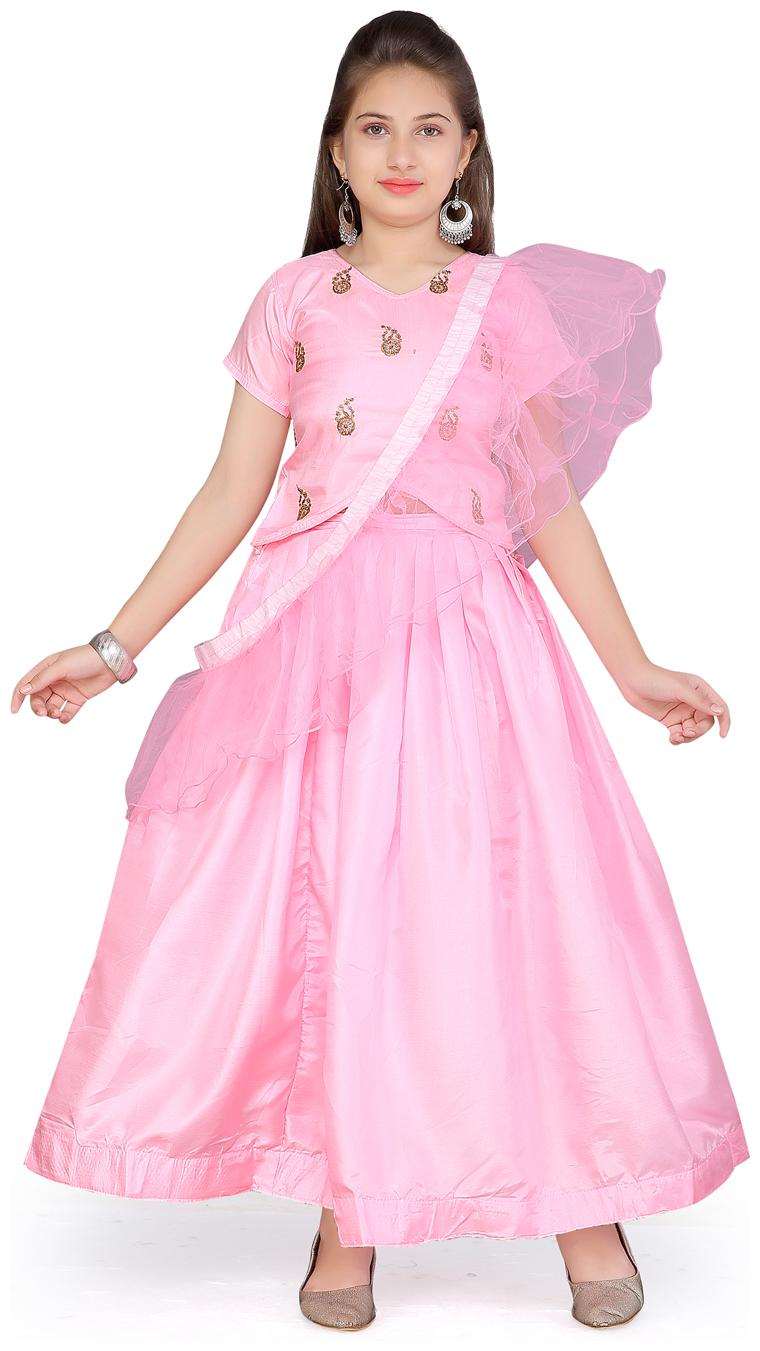 

Aarika Girl s Silk Self design Short sleeves Lehenga choli - Pink