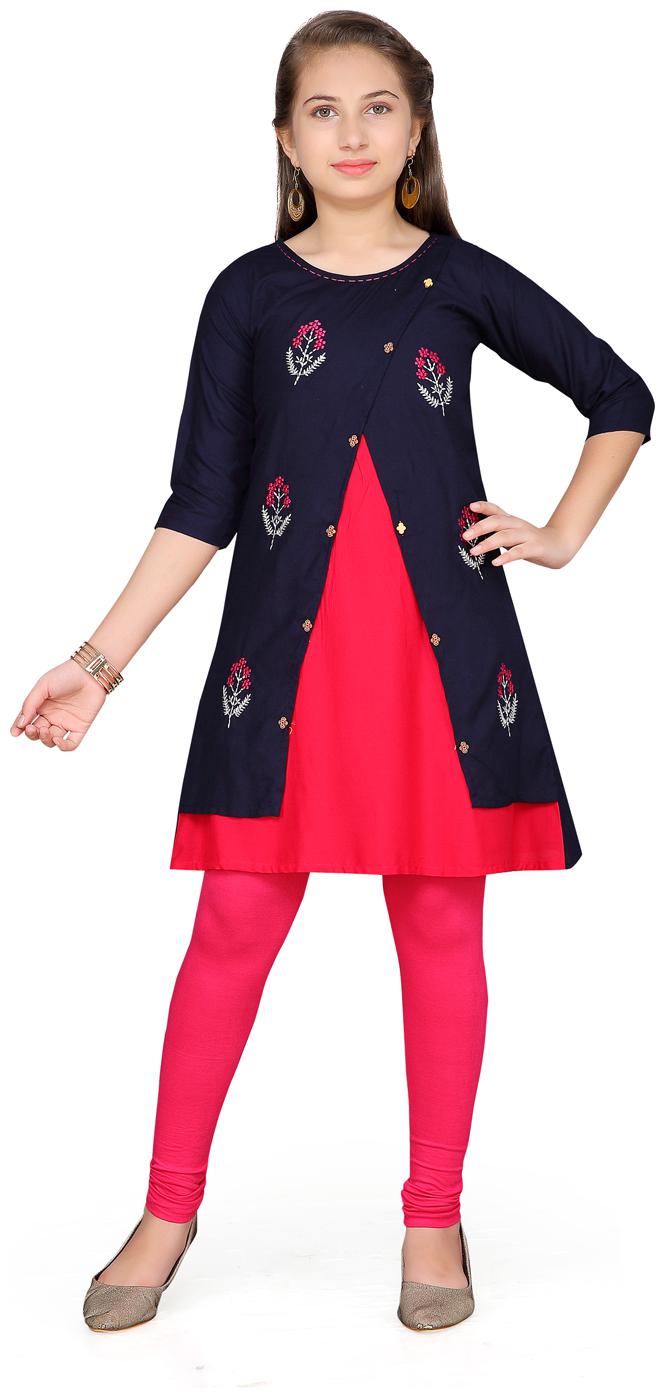 

Aarika Girl s Cotton Self design 3 4th sleeves Kurta kurti - Blue