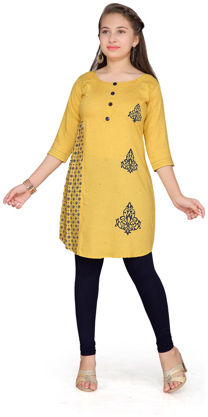 

Aarika Girl s Cotton Self design 3 4th sleeves Kurta kurti - Yellow