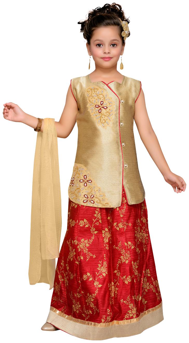 

Aarika Girl s Silk Embellished Sleeveless Lehenga choli - Maroon Gold