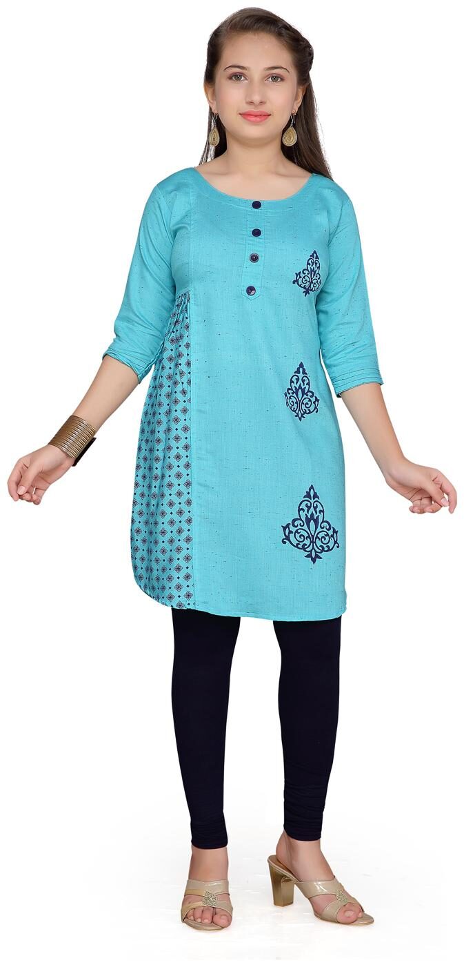 

Aarika Girl s Cotton Self design 3 4th sleeves Kurta kurti - Blue