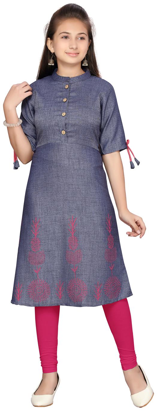 

Aarika Girl s Cotton Solid Short sleeves Kurta kurti - Blue