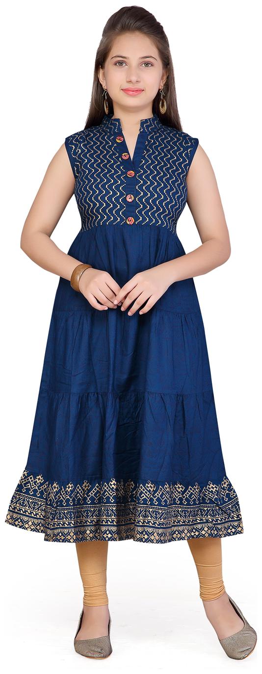 

Aarika Girl s Cotton Self design Sleeveless Kurta kurti - Blue