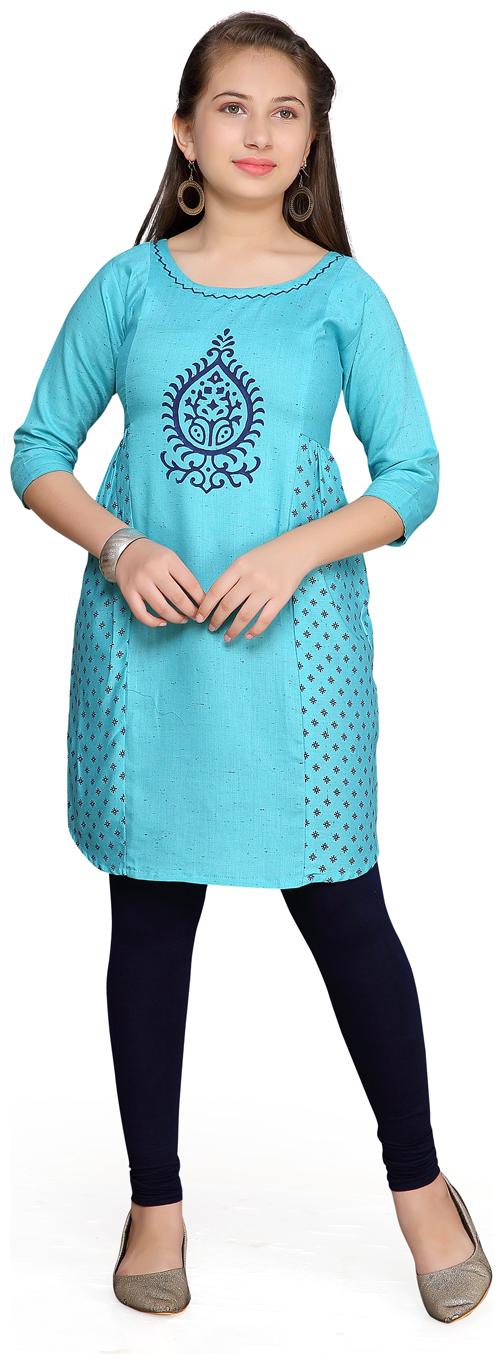 

Aarika Girl s Cotton Self design 3 4th sleeves Kurta kurti - Blue