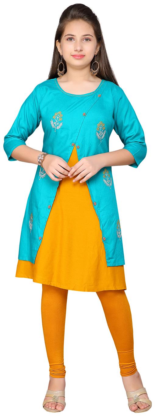 

Aarika Girl s Cotton Self design 3 4th sleeves Kurta kurti - Green