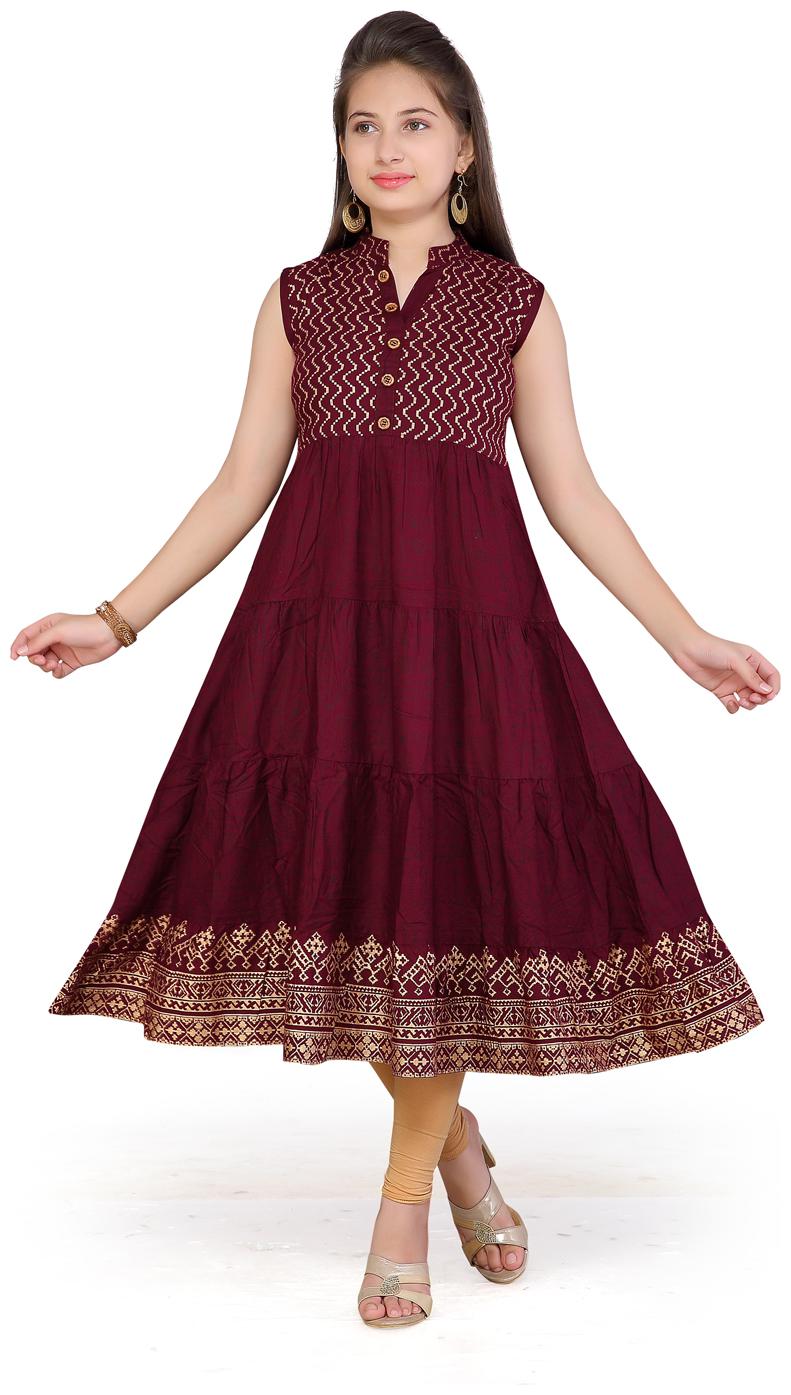 

Aarika Girl s Cotton Self design Sleeveless Kurta kurti - Maroon