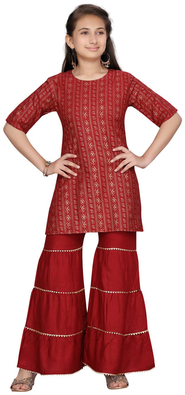 

Aarika Girl s Cotton Printed Short sleeves Kurti salwar set - Maroon