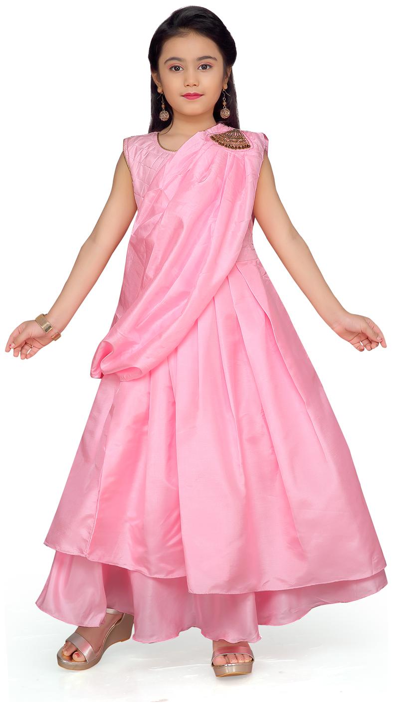 

Aarika Girl s Net Self design Sleeveless Gown - Pink