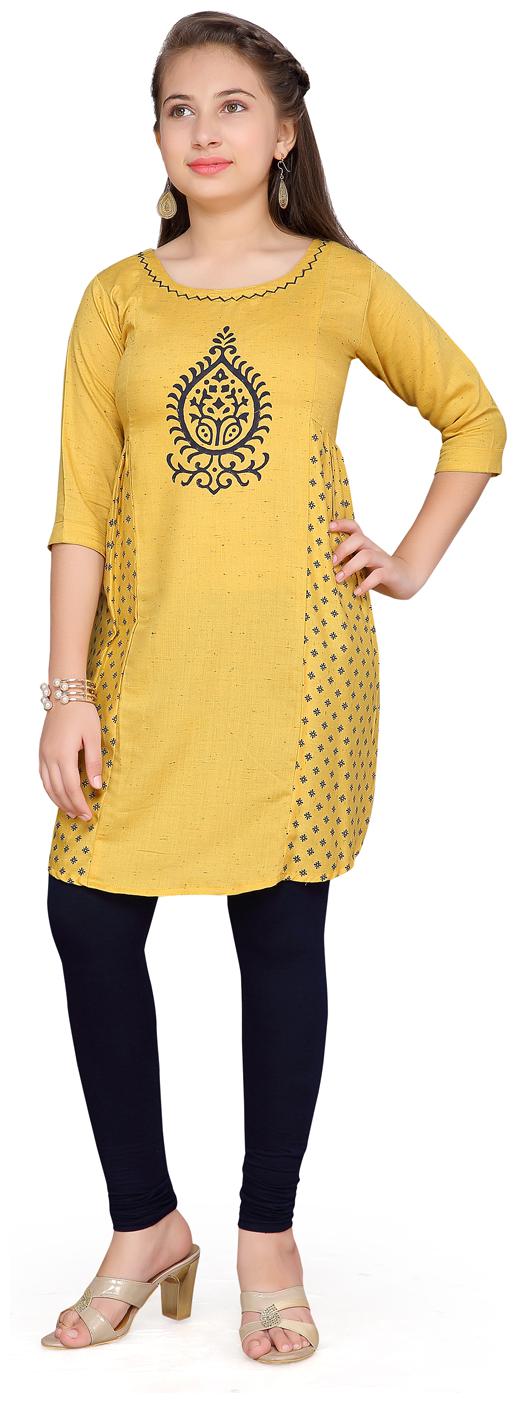 

Aarika Girl s Cotton Self design 3 4th sleeves Kurta kurti - Yellow
