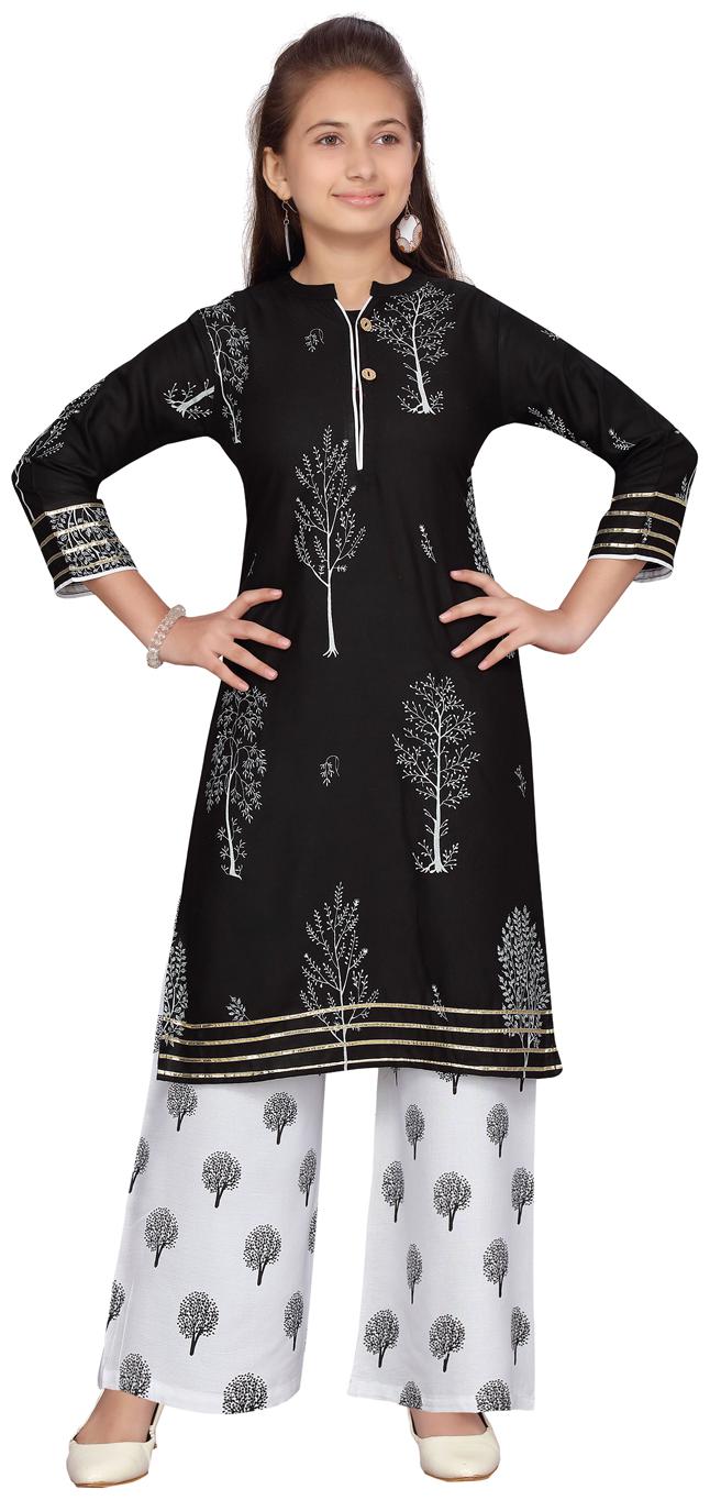 

Aarika Girl s Cotton Printed Sleeveless Kurti salwar set - Black