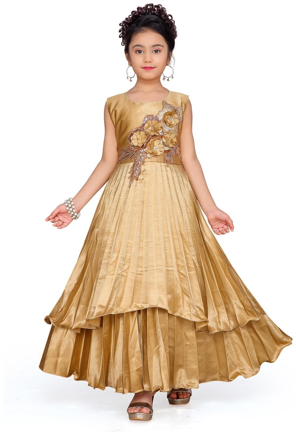 

Aarika Girl s Silk Self design Sleeveless Gown - Gold