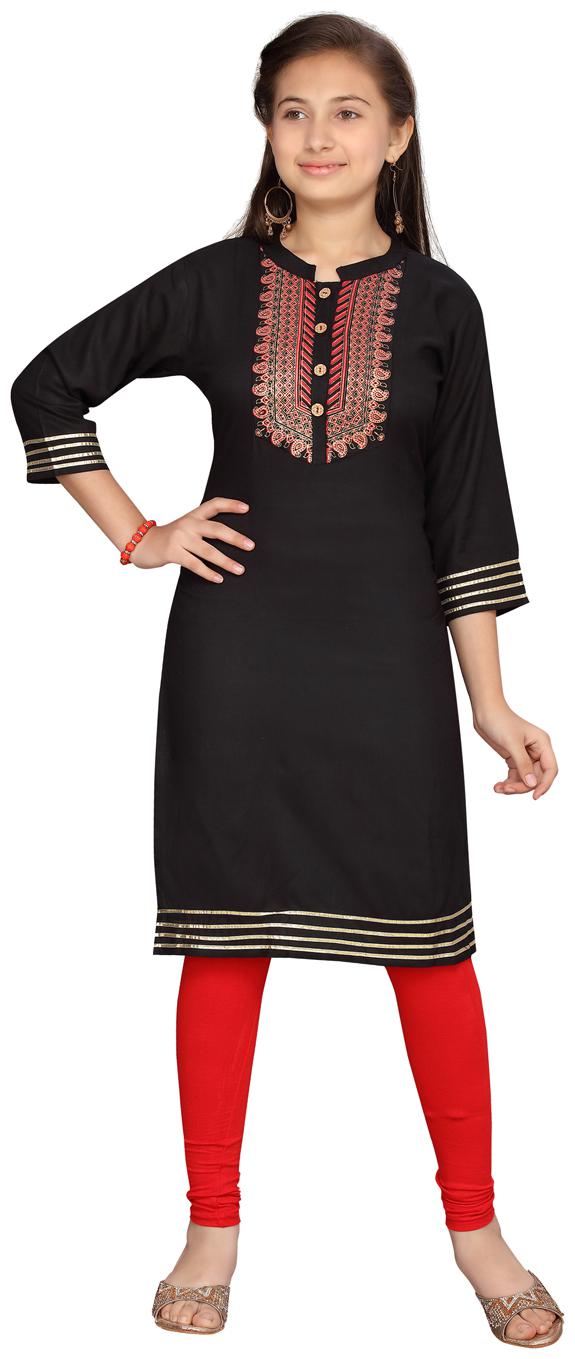 

Aarika Girl s Cotton Printed 3 4th sleeves Kurta kurti - Black