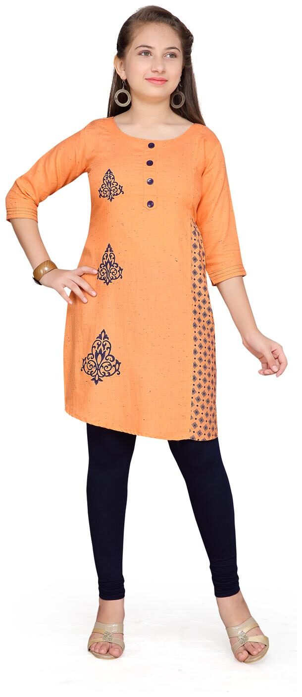 

Aarika Girl s Cotton Self design 3 4th sleeves Kurta kurti - Orange