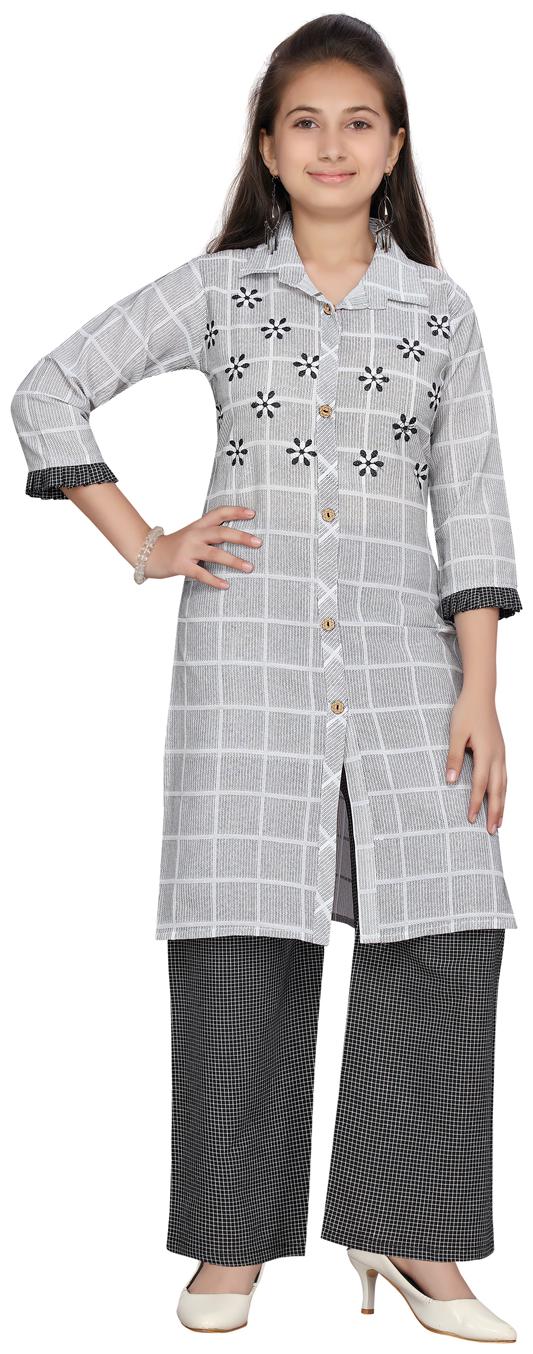 

Aarika Girl s Cotton Self design 3 4th sleeves Kurti salwar set - White