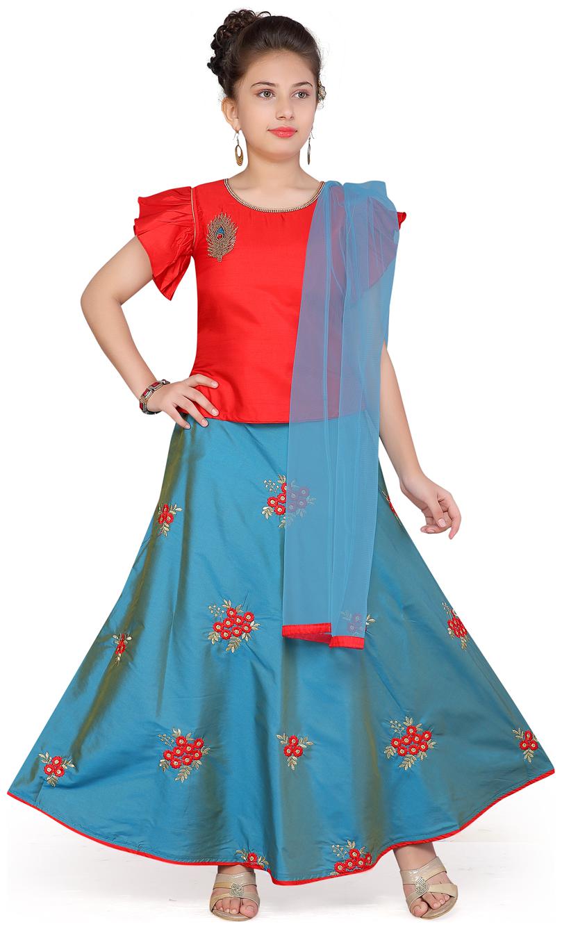 

Aarika Girl s Silk Self design Short sleeves Lehenga choli - Red